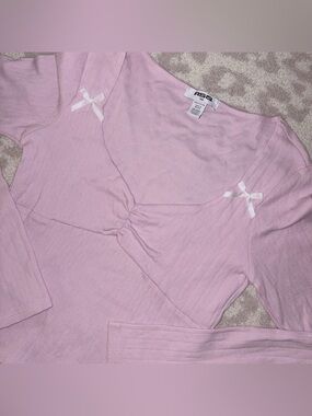 RSQ Pink Pointelle Bow Long Sleeve Baby Tee  100% Cotton | Size Large | Coquette